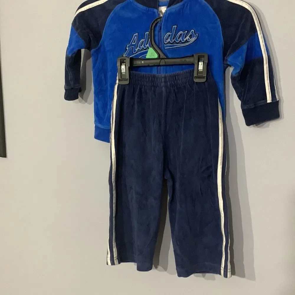 Vintage ADIDAS Infant Baby Boys Velour Hoodie Sweatshirt & Sweatpants Set 24M